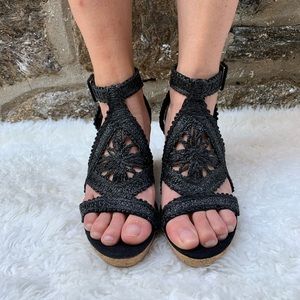 Impo Cork Wedge Sandal with Black Braided Rafia Upper, size 7.5